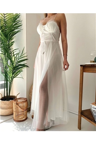 ELBİSE MODELLERİİp Askılı Tül Detaylı Hella Elbise Beyaz