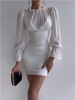 ELBİSE MODELLERİUzun Kollu Yaka Detaylı Mini Penny Elbise - Beyaz