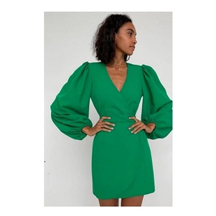 Günlük ElbiselerBalon Kol  Kemerli Kruvaze Elbise Yeşil